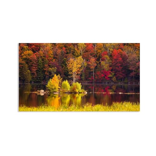 Hau3sh3a Herbstlandschaft Bild auf Leinwand Bunte rote Bäume rockt Wassergras Herbst Wandbilder Schlafzimmer Wald Wandbilder Modern Kunstdruck Deko füR Wohnzimmer85x50cm(33x20in) Rahmenlos von Hau3sh3a
