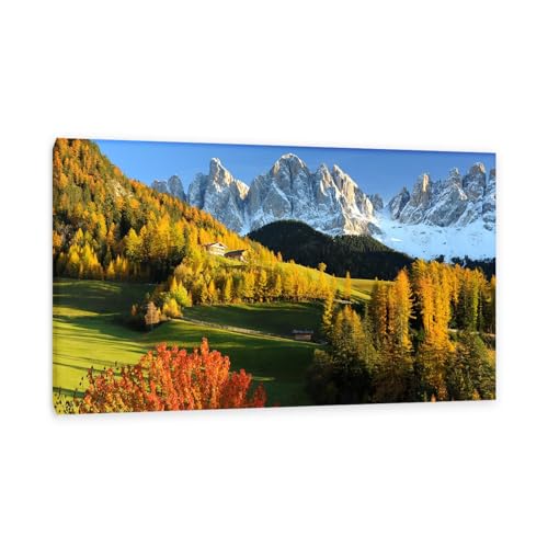 Hau3sh3a Herbstlandschaft Bild auf Leinwand Dorf Snow Mountain Forest Alpen Herbst Wandbilder Schlafzimmer Wald Wandbilder Modern Kunstdruck Deko füR Wohnzimmer110x70cm(43x28in) Gerahmt von Hau3sh3a