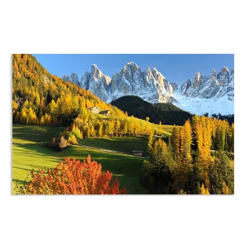 Hau3sh3a Herbstlandschaft Bild auf Leinwand Dorf Snow Mountain Forest Alpen Herbst Wandbilder Schlafzimmer Wald Wandbilder Modern Kunstdruck Deko füR Wohnzimmer128x80cm(50x32in) Rahmenlos von Hau3sh3a