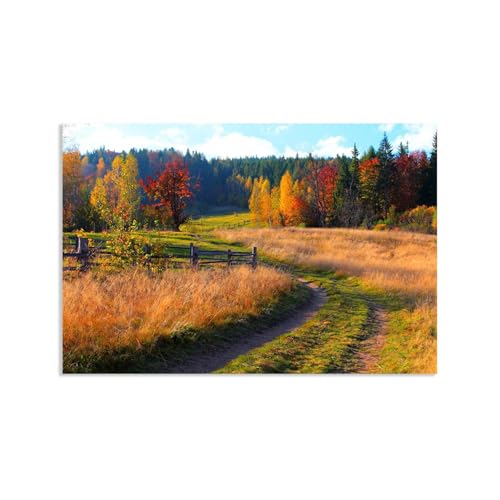 Hau3sh3a Herbstlandschaft Bild auf Leinwand Farmgras -Waldrote Blätter Herbst Wandbilder Schlafzimmer Wald Wandbilder Modern Kunstdruck Deko füR Wohnzimmer105x70cm(41x28in) Rahmenlos von Hau3sh3a