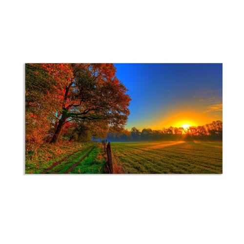 Hau3sh3a Herbstlandschaft Bild auf Leinwand Gelb Sonnenuntergang Farm Sunlight Tree Herbst Wandbilder Schlafzimmer Wald Wandbilder Modern Kunstdruck Deko füR Wohnzimmer135x80cm(53x31in) Rahmenlos von Hau3sh3a