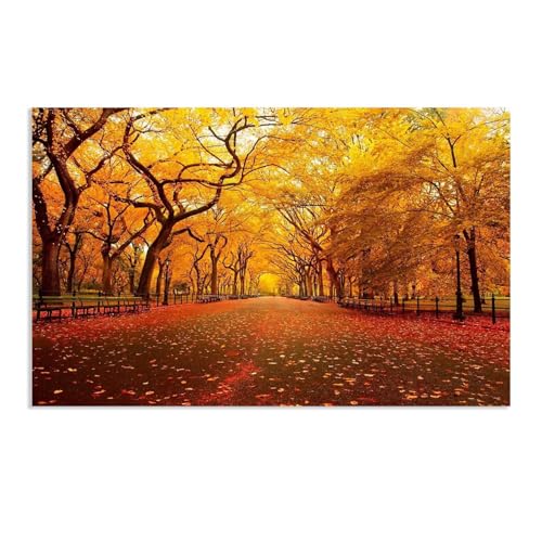 Hau3sh3a Herbstlandschaft Bild auf Leinwand Gelbe Blätter fielen auf die Park Street Herbst Wandbilder Schlafzimmer Wald Wandbilder Modern Kunstdruck Deko füR Wohnzimmer95x60cm(37x24in) Rahmenlos von Hau3sh3a