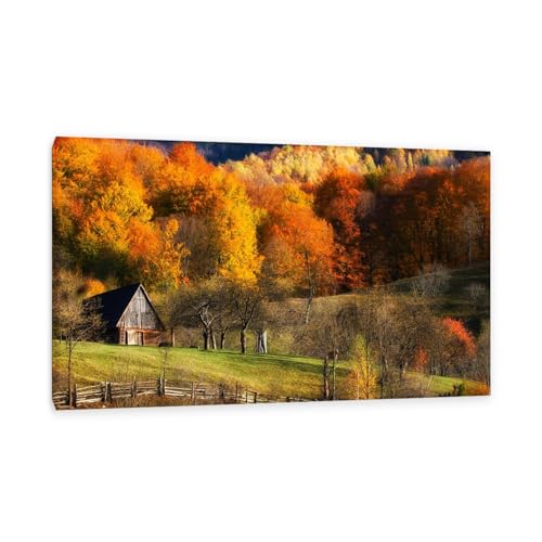 Hau3sh3a Herbstlandschaft Bild auf Leinwand Scheune farbenfrohe Waldhügel Holzzaun Herbst Wandbilder Schlafzimmer Wald Wandbilder Modern Kunstdruck Deko füR Wohnzimmer65x40cm(26x16in) Gerahmt von Hau3sh3a