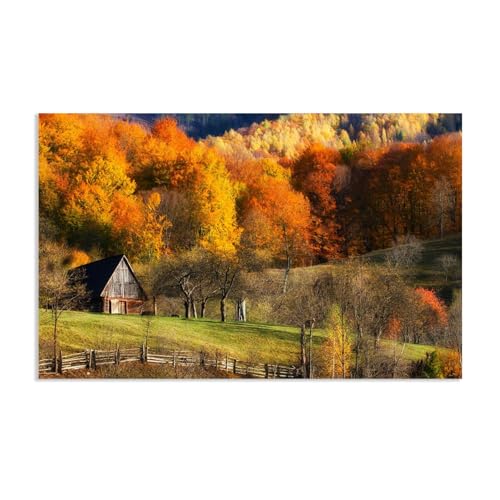 Hau3sh3a Herbstlandschaft Bild auf Leinwand Scheune farbenfrohe Waldhügel Holzzaun Herbst Wandbilder Schlafzimmer Wald Wandbilder Modern Kunstdruck Deko füR Wohnzimmer80x50cm(31x20in) Rahmenlos von Hau3sh3a