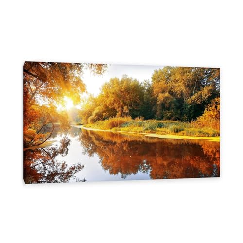 Hau3sh3a Herbstlandschaft Bild auf Leinwand Sonnenaufgang Riverbank Woods Sonnenlicht Herbst Wandbilder Schlafzimmer Wald Wandbilder Modern Kunstdruck Deko füR Wohnzimmer65x40cm(26x16in) Gerahmt von Hau3sh3a