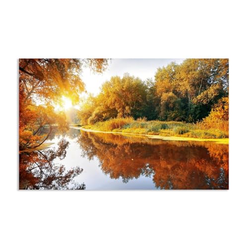 Hau3sh3a Herbstlandschaft Bild auf Leinwand Sonnenaufgang Riverbank Woods Sonnenlicht Herbst Wandbilder Schlafzimmer Wald Wandbilder Modern Kunstdruck Deko füR Wohnzimmer95x60cm(37x24in) Rahmenlos von Hau3sh3a