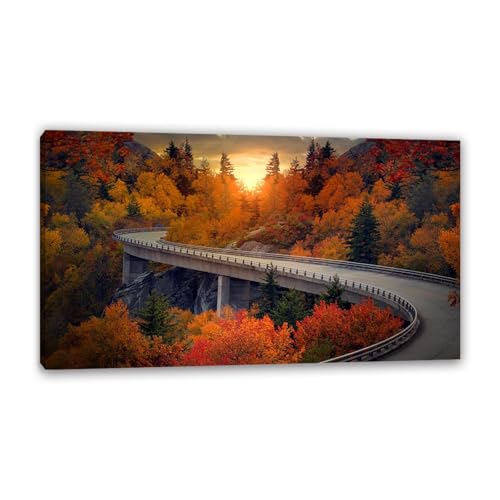 Hau3sh3a Herbstlandschaft Bild auf Leinwand Sonnenuntergang Sky Mountain Forest Road Herbst Wandbilder Schlafzimmer Wald Wandbilder Modern Kunstdruck Deko füR Wohnzimmer85x50cm(33x20in) Gerahmt von Hau3sh3a