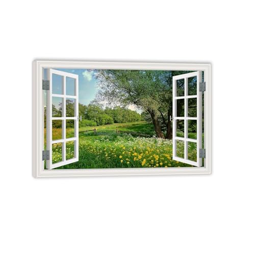Hau3sh3a leinwandbild fensterblick fenster natur,Frühling großer Baum gelbe Blumen Gras,Bild auf Leinwand Blick aus Dem Fenster,Wanddeko Schlafzimmer Bilder105x70cm(41x28in) Innenrahmen von Hau3sh3a