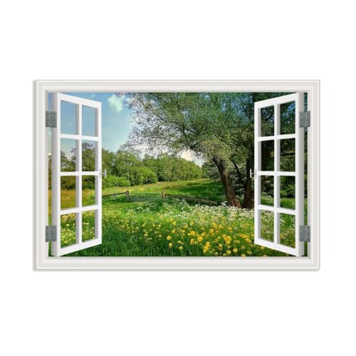 Hau3sh3a leinwandbild fensterblick fenster natur,Frühling großer Baum gelbe Blumen Gras,Bild auf Leinwand Blick aus Dem Fenster,Wanddeko Schlafzimmer Bilder90x60cm(35x24in) Rahmenlos von Hau3sh3a