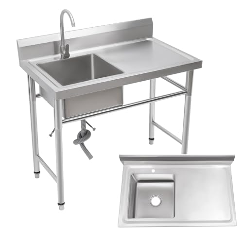 Edelstahl Spültisch Mobile Spüle 1 Becken Küchenspüle Einzelspüle Multifunktions Freistehendes Spüle mit Heißem und Kaltem Wasserhahn Gewerbliche Waschbecken für den Außenbereich Garagen (100*60*93cm) von HauTour