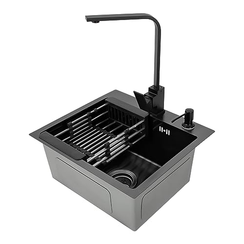 Spülbecken Schwarz mit Armatur Edelstahl Spülbecken 400 x 450 mm Einbauspüle Küchenspüle Spüle mit 360° Drehbar Wasserhahn und Seifenspender Ablaufgestell Schwarz von HauTour