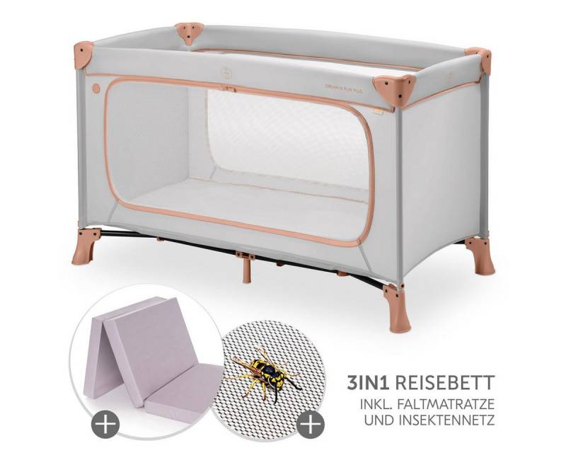 Hauck Baby-Reisebett Dream N Play Plus - Dusty Cork, Kinder Babyreisebett mit großem Eingang, Matratze, Moskitonetz faltbar von Hauck