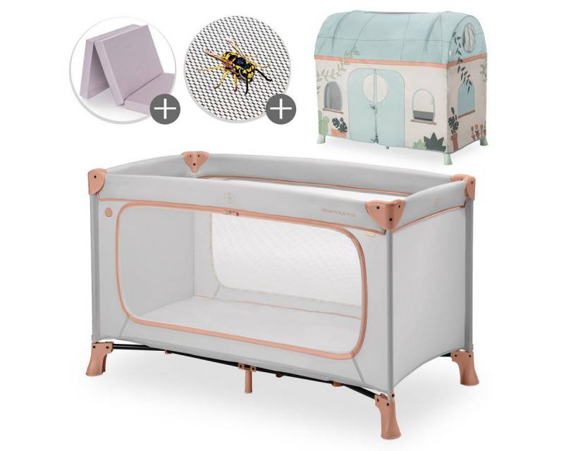 Hauck Baby-Reisebett Dream N Play Plus - Dusty Cork / Plants, Kinderreisebett mit Eingang, Matratze, Moskitonetz & Spielzelt faltbar von Hauck