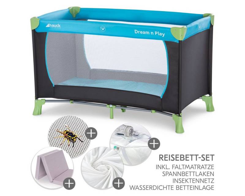 Hauck Baby-Reisebett Dream`n Play - XXL-Set - Waterblue, Baby Kinder Reisebett mit Matratze, 2 Spannbettlaken & Insektenschutz von Hauck