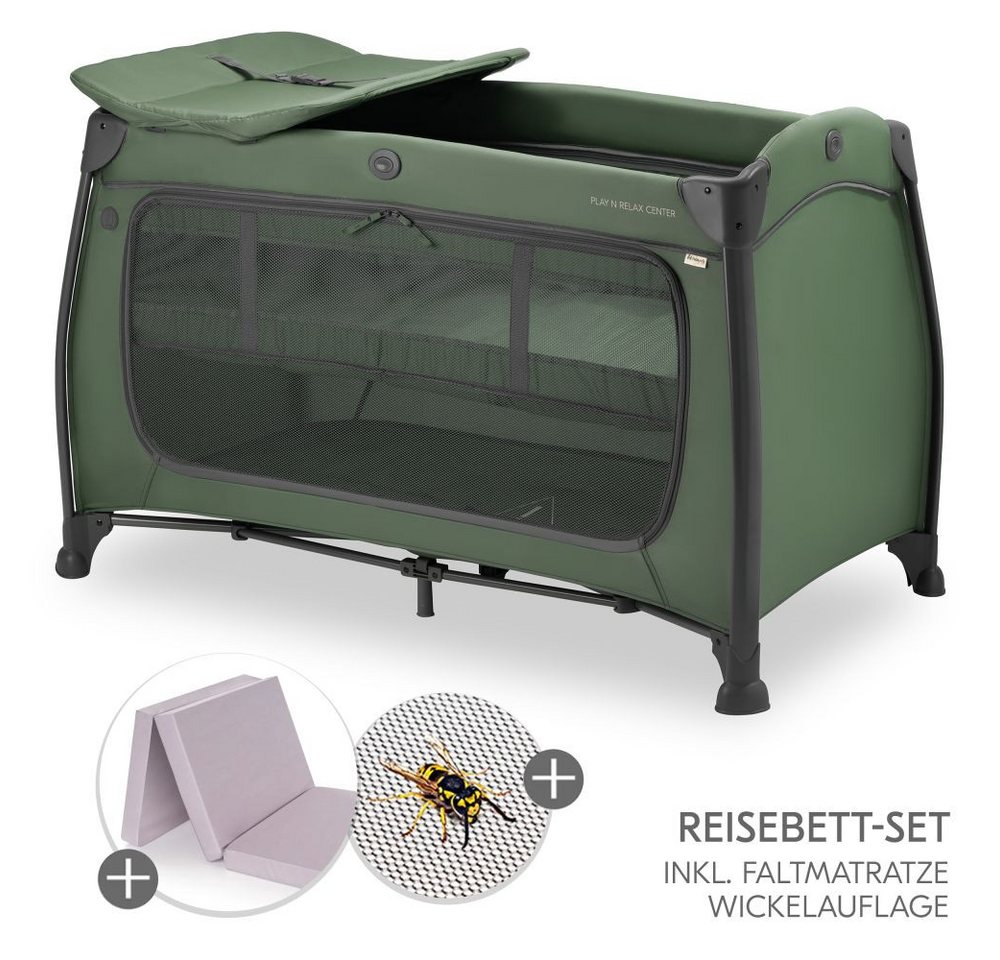 Hauck Baby-Reisebett Play'n Relax Center - Dark Green, Babyreisebett mit Matratze, Insektenschutz, Wickelauflage, Einhang von Hauck