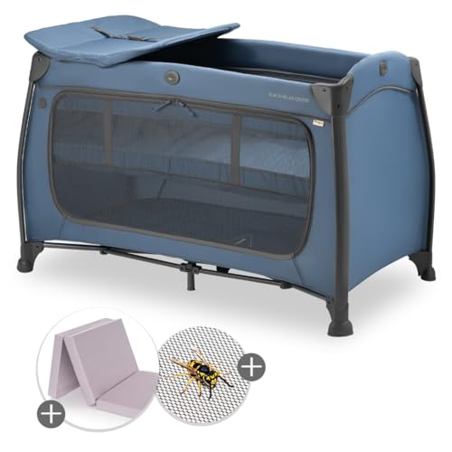 Hauck Baby Reisebett Play n Relax Center Set mit Komfort Matratze und Insektenschutz - Babyreisebett mit Neugeborenen Einsatz, Wickelauflage und Tasche (höhenverstellbar & faltbar) - Dark Blue von Hauck