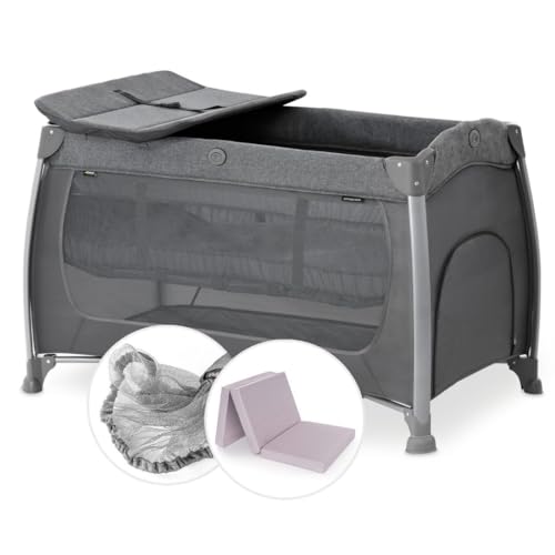 Hauck Baby Reisebett Play n Relax Center Set mit Komfort Matratze und Insektenschutz - Babyreisebett mit Neugeborenen Einsatz, Wickelauflage und Tasche (höhenverstellbar & faltbar) - Charcoal Grau von Hauck