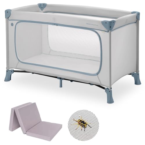 hauck Baby Reisebett Set Dream n Play Plus mit Matratze und Moskitonetz - faltbares Kinder Babyreisebett mit Tasche und großem Eingang - Dusty Blue von hauck
