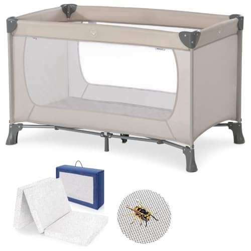 hauck Baby Reisebett Set Dream N Play mit extra Alvi Komfort Matratze und Moskitonetz - faltbares Kinder Babyreisebett mit Tasche - Beige von hauck