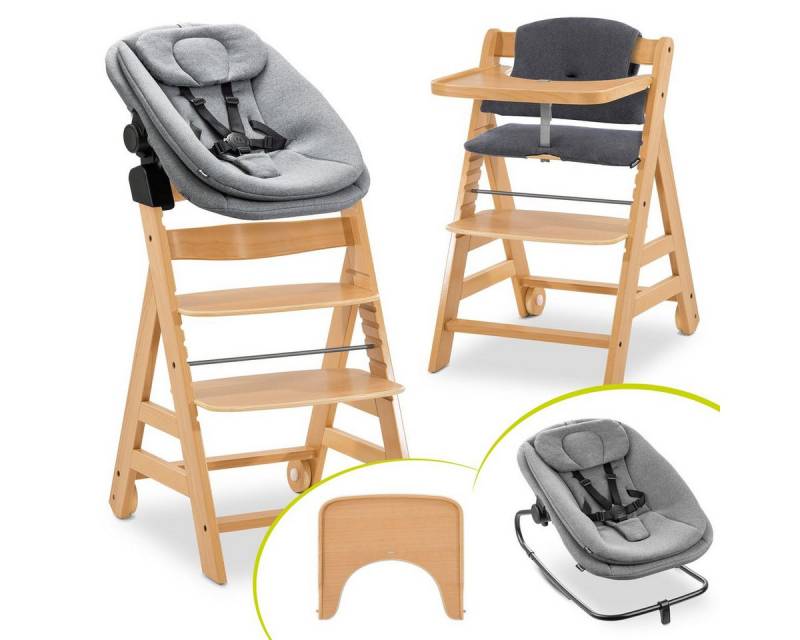 Hauck Hochstuhl Alpha Move Natur - Dark Grey Melange, Holz Babystuhl ab Geburt mit Neugeborenensufsatz, Sitzkissen, Essbrett von Hauck