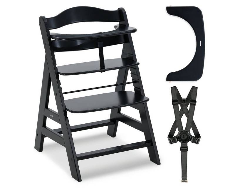 Hauck Hochstuhl Alpha Plus - Black, Mitwachsender Holz Babystuhl Kinderhochstuhl mit Gurt FSC zertifiziert von Hauck