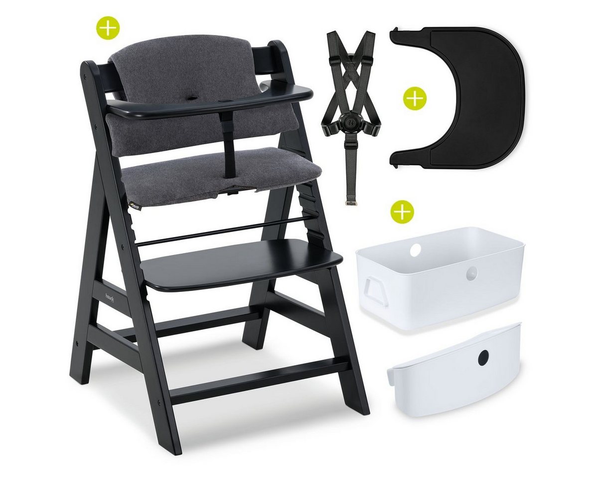 Hauck Hochstuhl Alpha Plus Black (Set), Kinderhochstuhl mit Essbrett Click Tray, Sitzkissen & Aufbewahrungsbox von Hauck