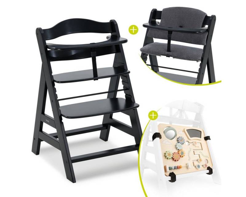 Hauck Hochstuhl Alpha Plus Black (Set), Mitwachsender Baby Kinderhochstuhl mit Motorik-Spielbrett & Sitzkissen von Hauck