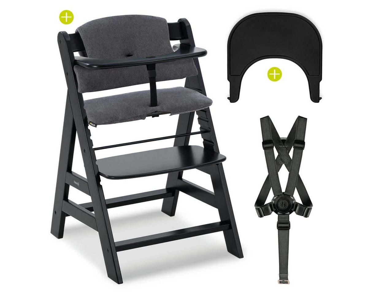 Hauck Hochstuhl Alpha Plus Black (Set), Mitwachsender Kinderhochstuhl mit Essbrett Click Tray & Sitzkissen von Hauck