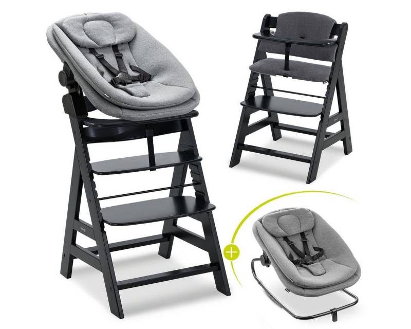 Hauck Hochstuhl Alpha Plus Black Newborn Set (Set), Holz Babystuhl ab Geburt inkl. Aufsatz für Neugeborene & Sitzauflage von Hauck