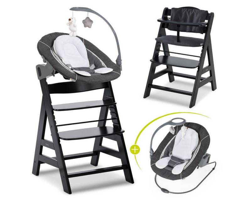Hauck Hochstuhl Alpha Plus Black Newborn Set Deluxe (Set), Holz Babystuhl ab Geburt inkl. Aufsatz für Neugeborene & Sitzauflage von Hauck