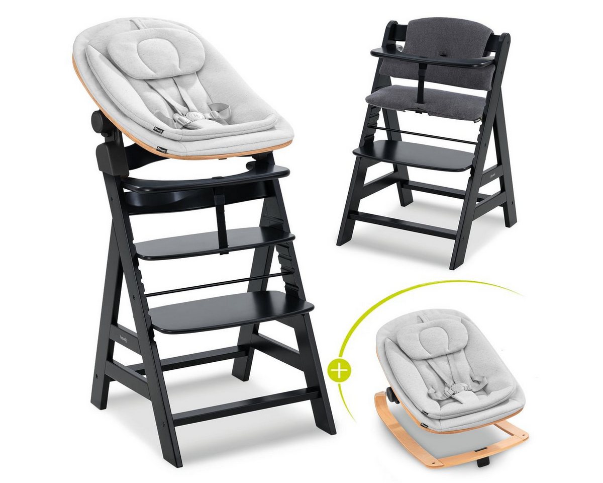 Hauck Hochstuhl Alpha Plus Black Newborn Set Eco - Light Grey (Set), Holz Babystuhl ab Geburt inkl. Aufsatz für Neugeborene & Sitzauflage von Hauck