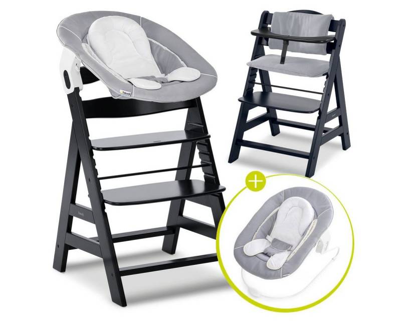 Hauck Hochstuhl Alpha Plus Black Newborn Set - Stretch Grey (Set), Holz Babystuhl ab Geburt inkl. Aufsatz für Neugeborene & Sitzauflage von Hauck