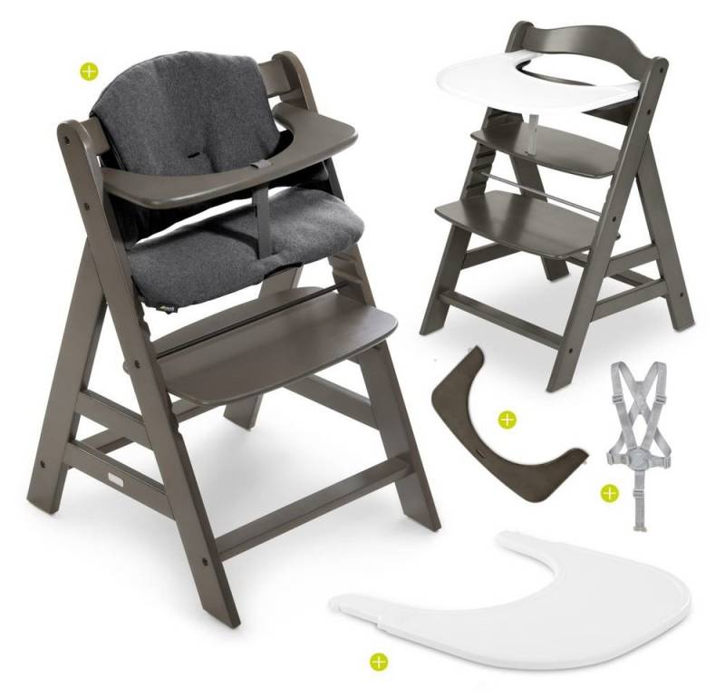 Hauck Hochstuhl Alpha Plus Charcoal, Holz Kinderhochstuhl mit Essbrett, Sitzkissen verstellbar, mitwachsend von Hauck