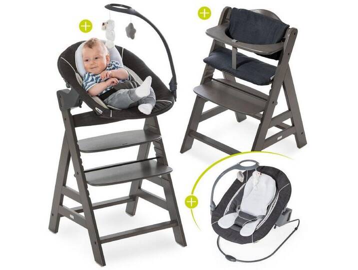 Hauck Hochstuhl Alpha Plus Charcoal - Newborn Set Deluxe (Set, 4 St), Holz Babystuhl ab Geburt inkl. Aufsatz für Neugeborene & Sitzauflage, grau von Hauck