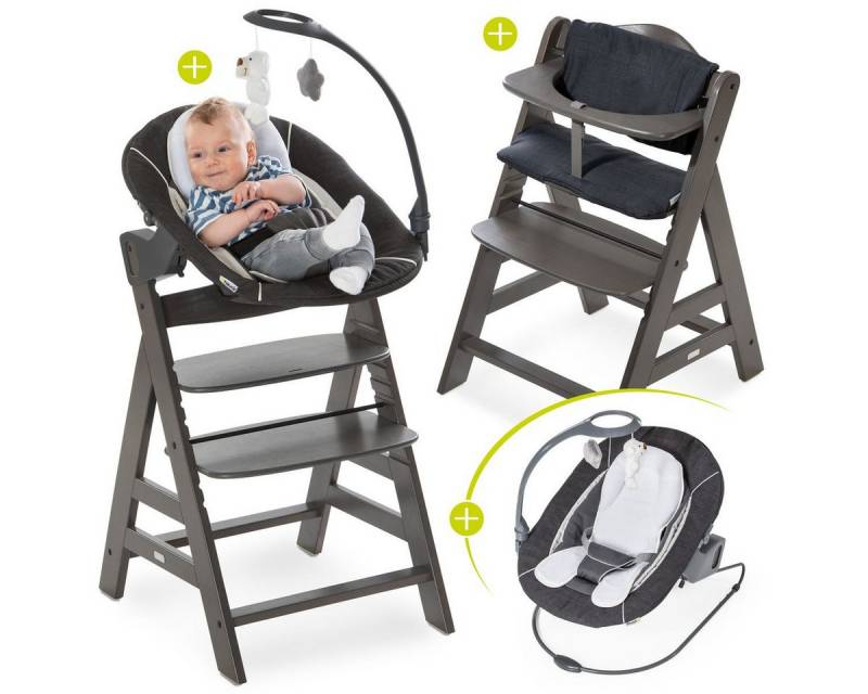 Hauck Hochstuhl Alpha Plus Charcoal - Newborn Set Deluxe (Set, 4 St), Holz Babystuhl ab Geburt inkl. Aufsatz für Neugeborene & Sitzauflage von Hauck