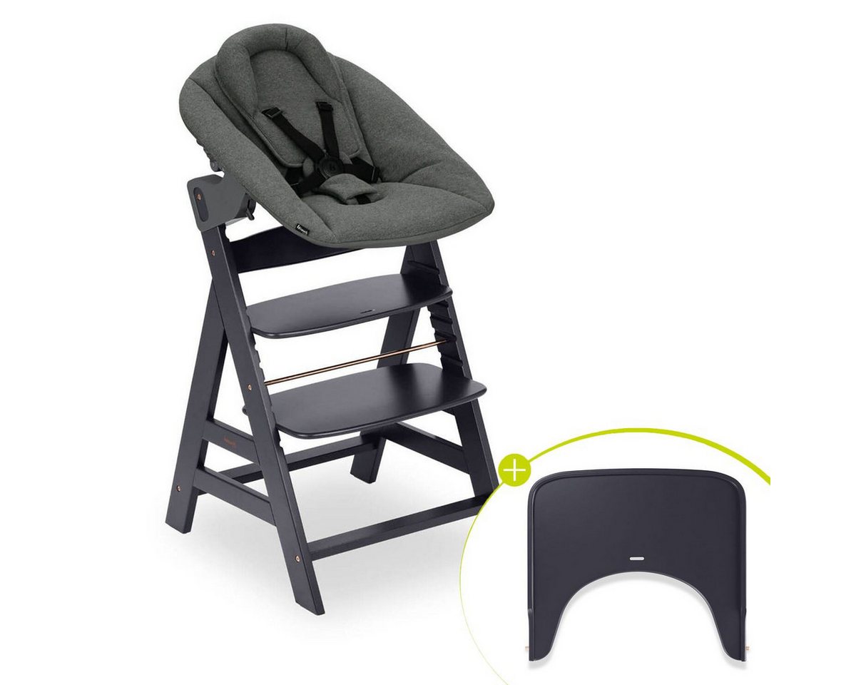 Hauck Hochstuhl Alpha Plus Dark Grey Newborn Set, Holz Babyhochstuhl ab Geburt mit Aufsatz für Neugeborene & Essbrett von Hauck