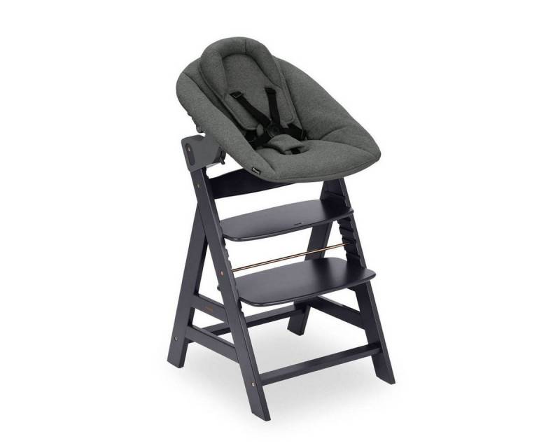 Hauck Hochstuhl Alpha Plus Dark Grey Newborn Set (Set), Holz Babystuhl ab Geburt mit Aufsatz für Neugeborene höhenverstellbar von Hauck