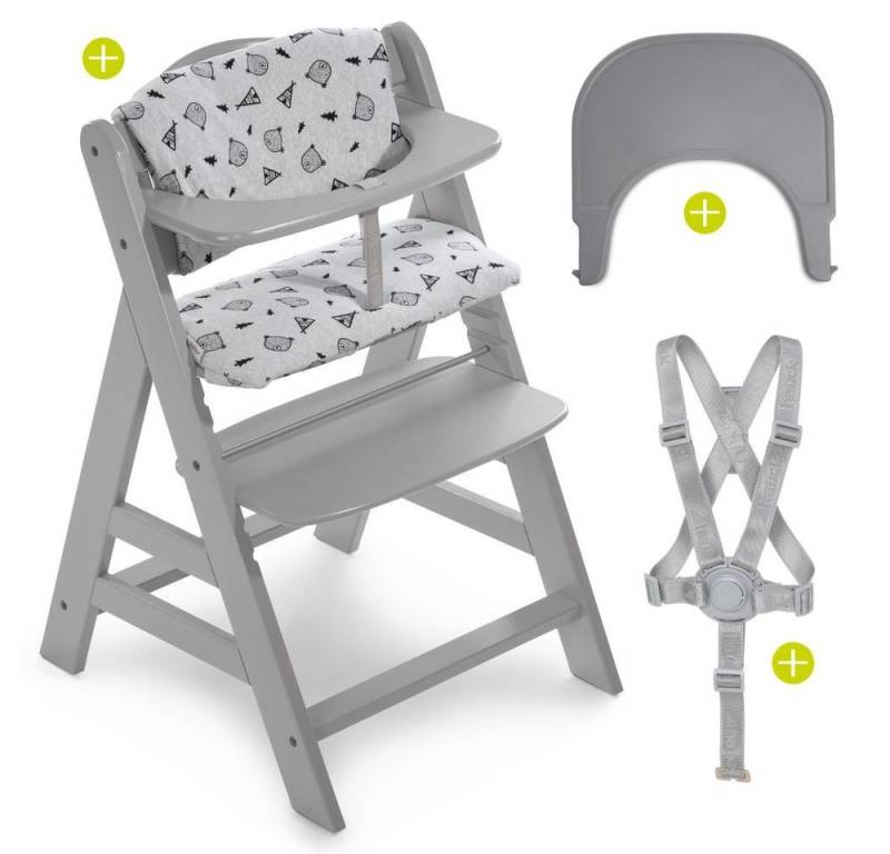 Hauck Hochstuhl Alpha Plus Grau (3 St), Holz Kinderhochstuhl mit Tablett Click Tray & Sitzauflage verstellbar von Hauck