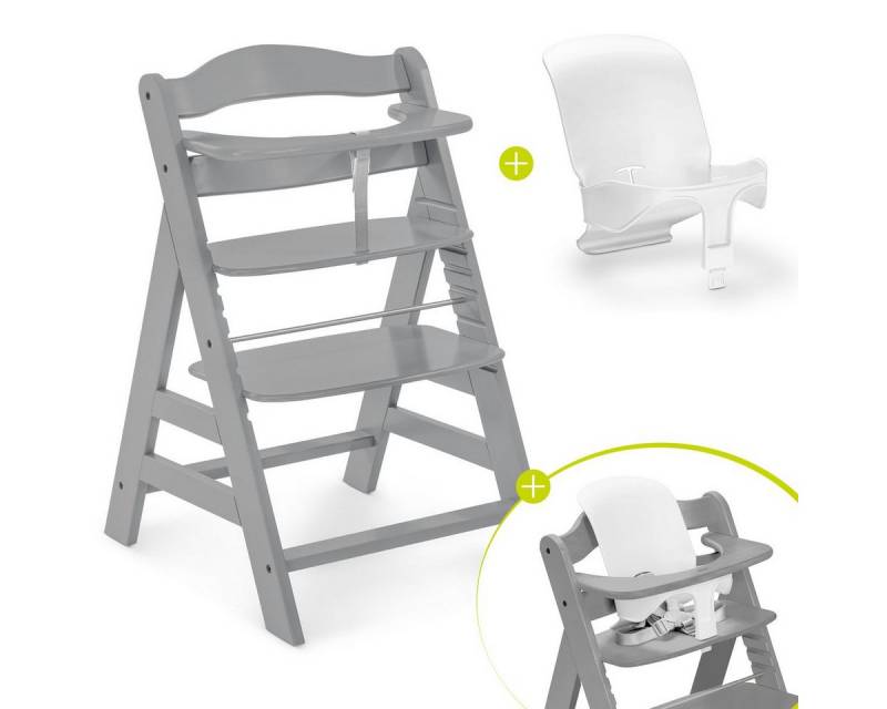 Hauck Hochstuhl Alpha Plus - Grey, Mitwachsender Holz Kinderhochstuhl verstellbar mit Baby-Sitz & Gurt von Hauck