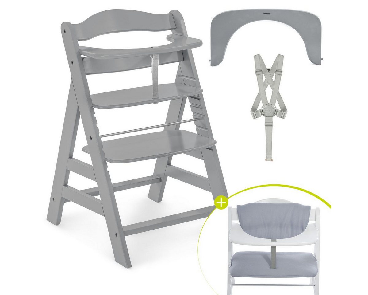 Hauck Hochstuhl Alpha Plus Grey, Mitwachsender Holz Kinderhochstuhl verstellbar mit Sitzauflage & Gurt von Hauck