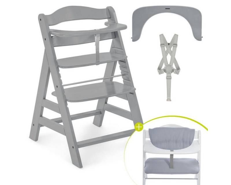 Hauck Hochstuhl Alpha Plus Grey, Mitwachsender Holz Kinderhochstuhl verstellbar mit Sitzauflage & Gurt von Hauck