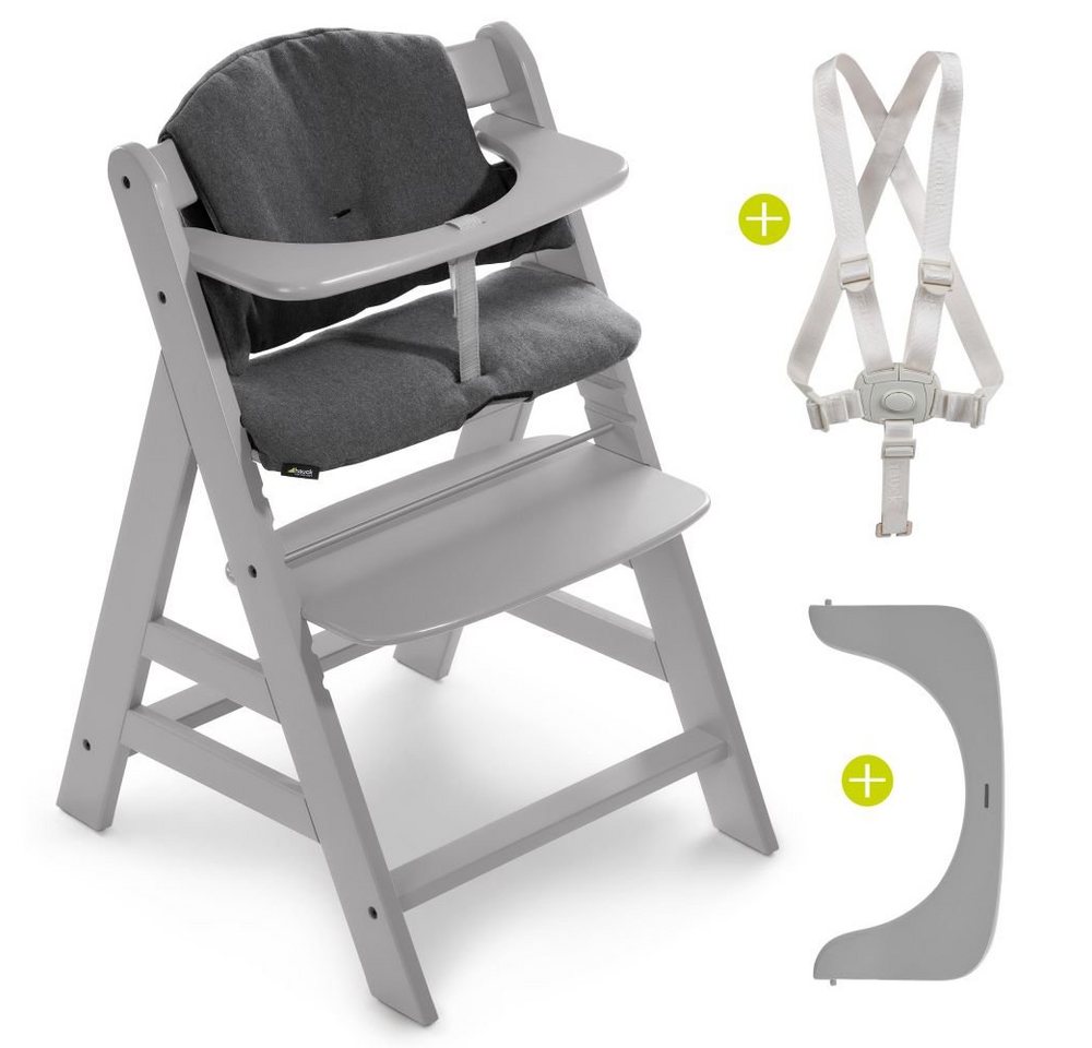 Hauck Hochstuhl Alpha Plus Grey (Set), Mitwachsender Holz Baby Kinderhochstuhl mit Sitzauflage - verstellbar von Hauck