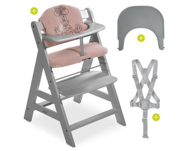 Hauck Hochstuhl Alpha Plus Grey - Minnie Mouse Rose, Mitwachsender Kinderhochstuhl mit Essbrett Click Tray & Sitzkissen von Hauck
