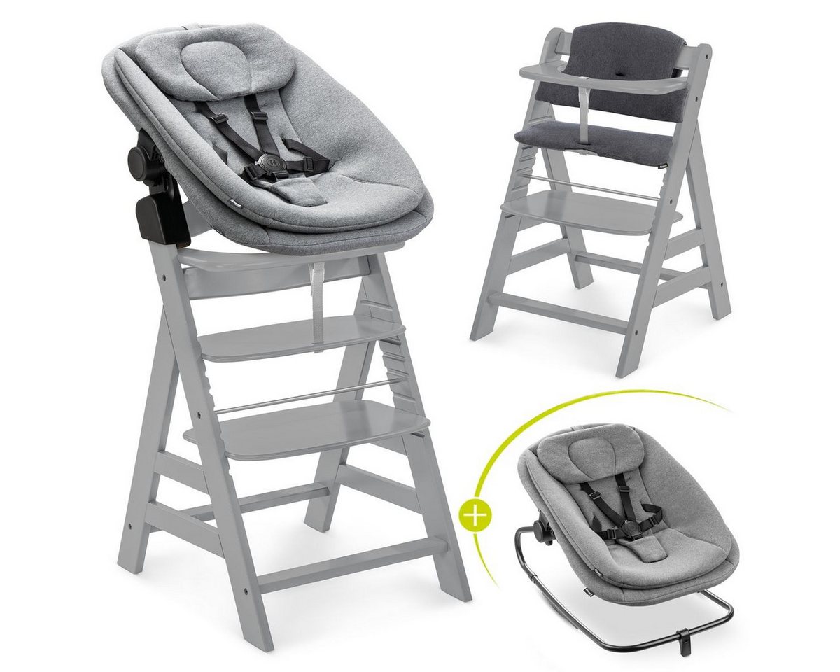 Hauck Hochstuhl Alpha Plus Grey Newborn Set (Set), Holz Babystuhl ab Geburt inkl. Aufsatz für Neugeborene & Sitzauflage von Hauck