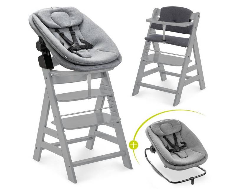 Hauck Hochstuhl Alpha Plus Grey Newborn Set (Set), Holz Babystuhl ab Geburt inkl. Aufsatz für Neugeborene & Sitzauflage von Hauck