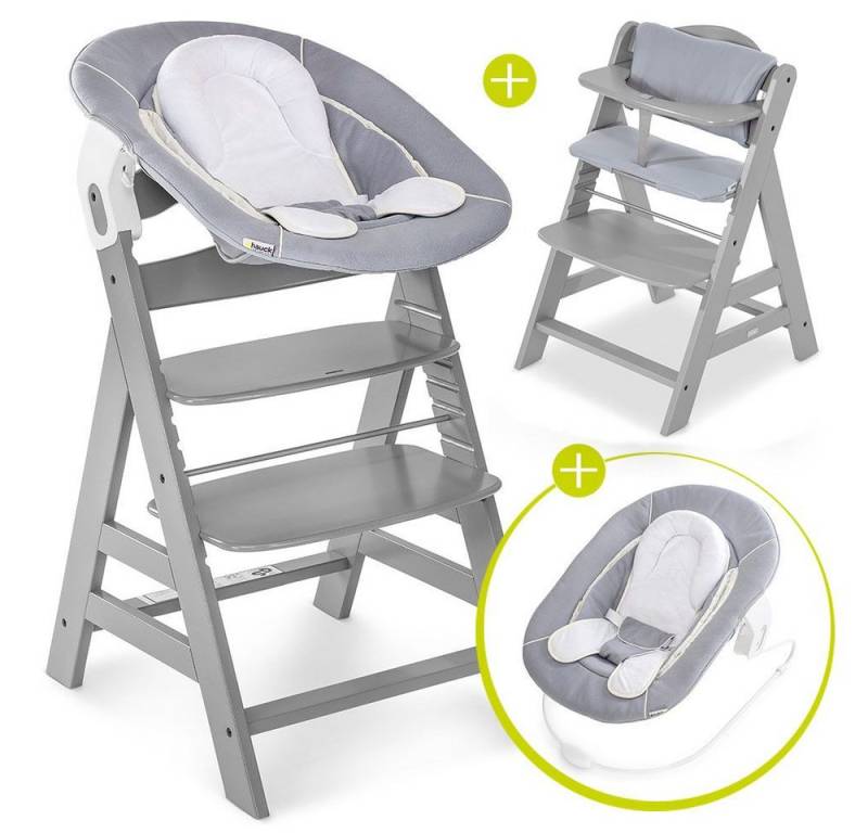 Hauck Hochstuhl Alpha Plus Grey Newborn Set (Set, 4 St), Holz Babystuhl ab Geburt inkl. Aufsatz für Neugeborene & Sitzauflage von Hauck