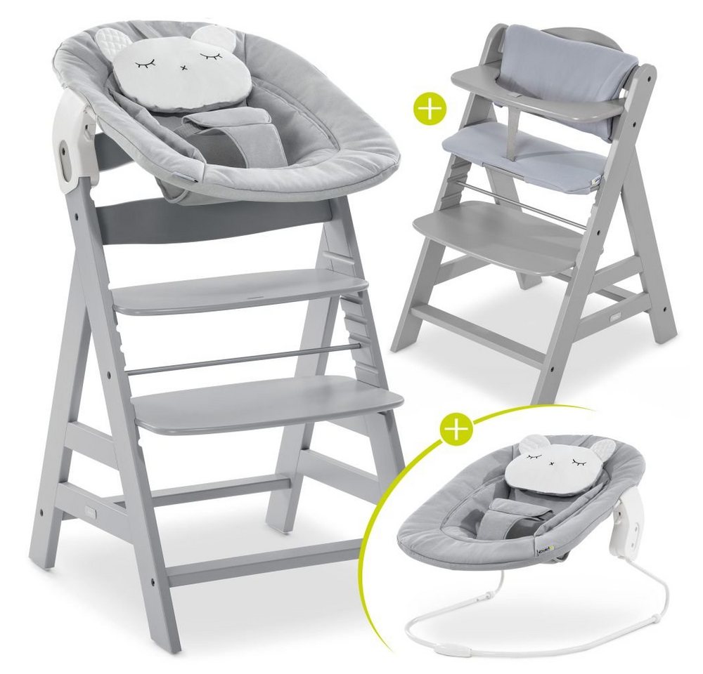 Hauck Hochstuhl Alpha Plus Grey Newborn Set Pastell Bear (Set, 4 St), Holz Babystuhl ab Geburt inkl. Aufsatz für Neugeborene & Sitzauflage von Hauck