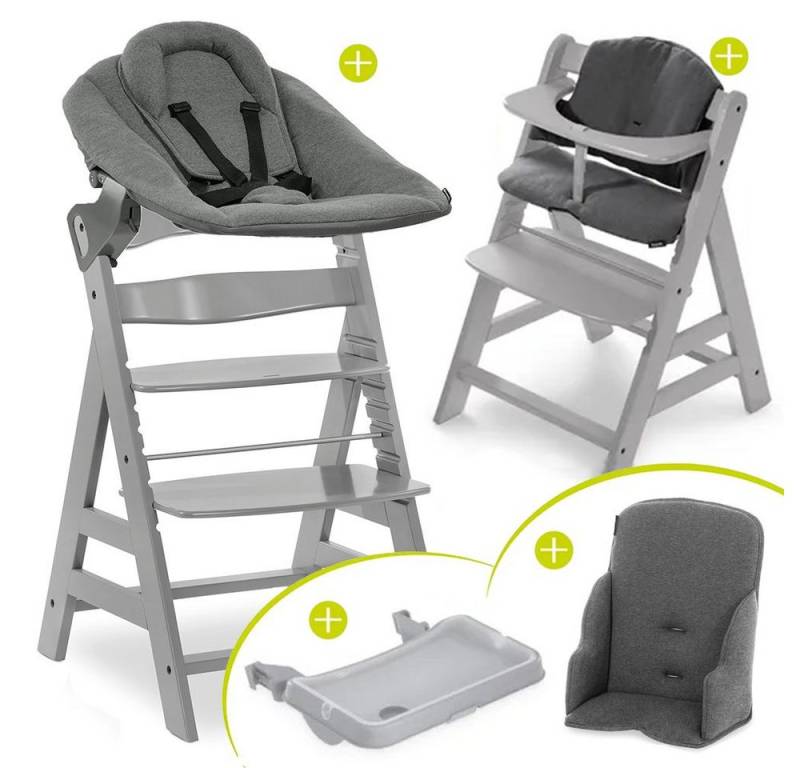 Hauck Hochstuhl Alpha Plus Grey XXL Newborn Set, Babystuhl ab Geburt, Aufsatz für Neugeborene, Essbrett, Sitzauflage von Hauck