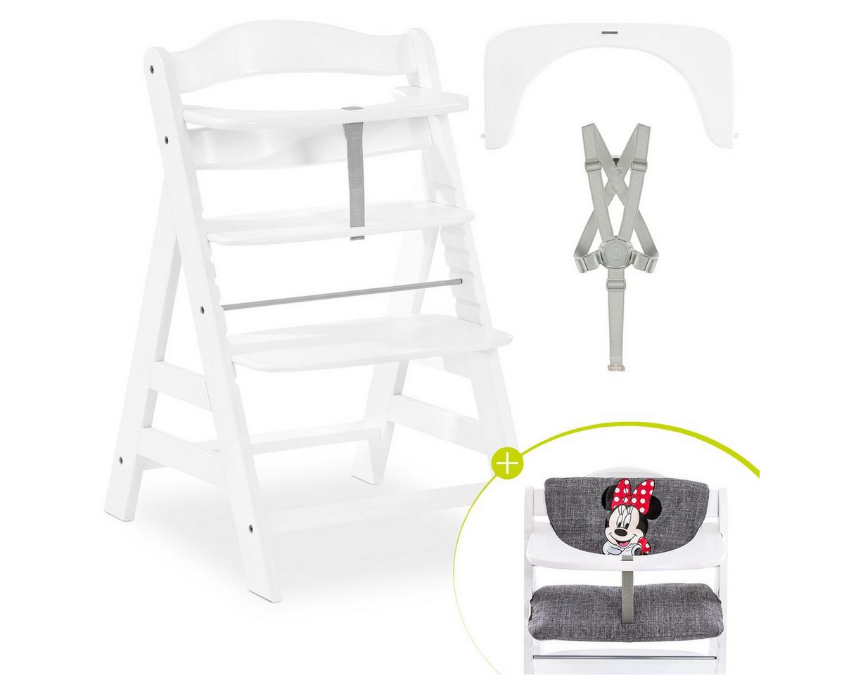 Hauck Hochstuhl Alpha Plus - Minnie Grey - White, Mitwachsender Holz Kinderhochstuhl verstellbar mit Sitzauflage & Gurt von Hauck