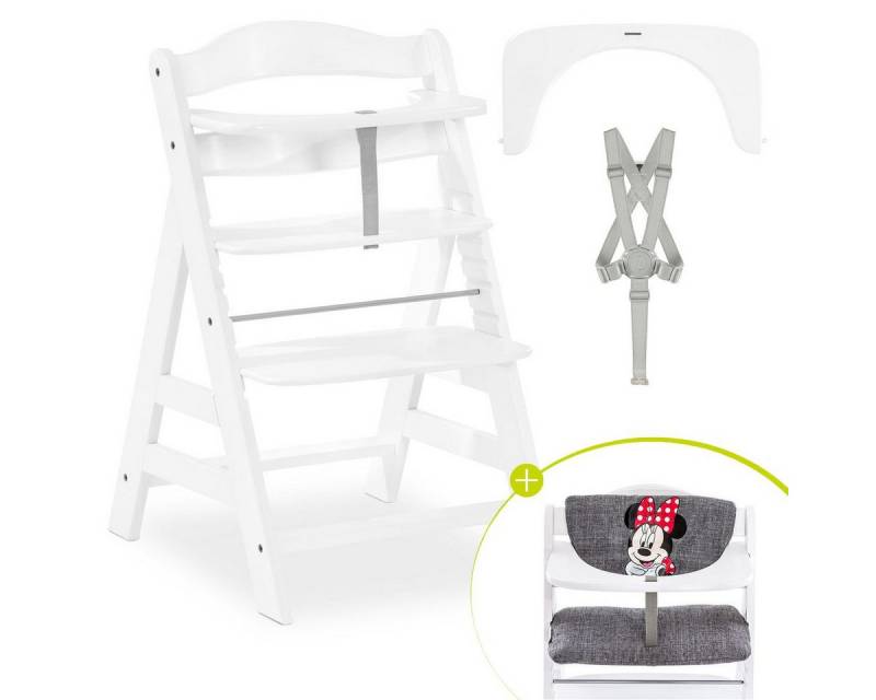 Hauck Hochstuhl Alpha Plus - Minnie Grey - White, Mitwachsender Holz Kinderhochstuhl verstellbar mit Sitzauflage & Gurt von Hauck